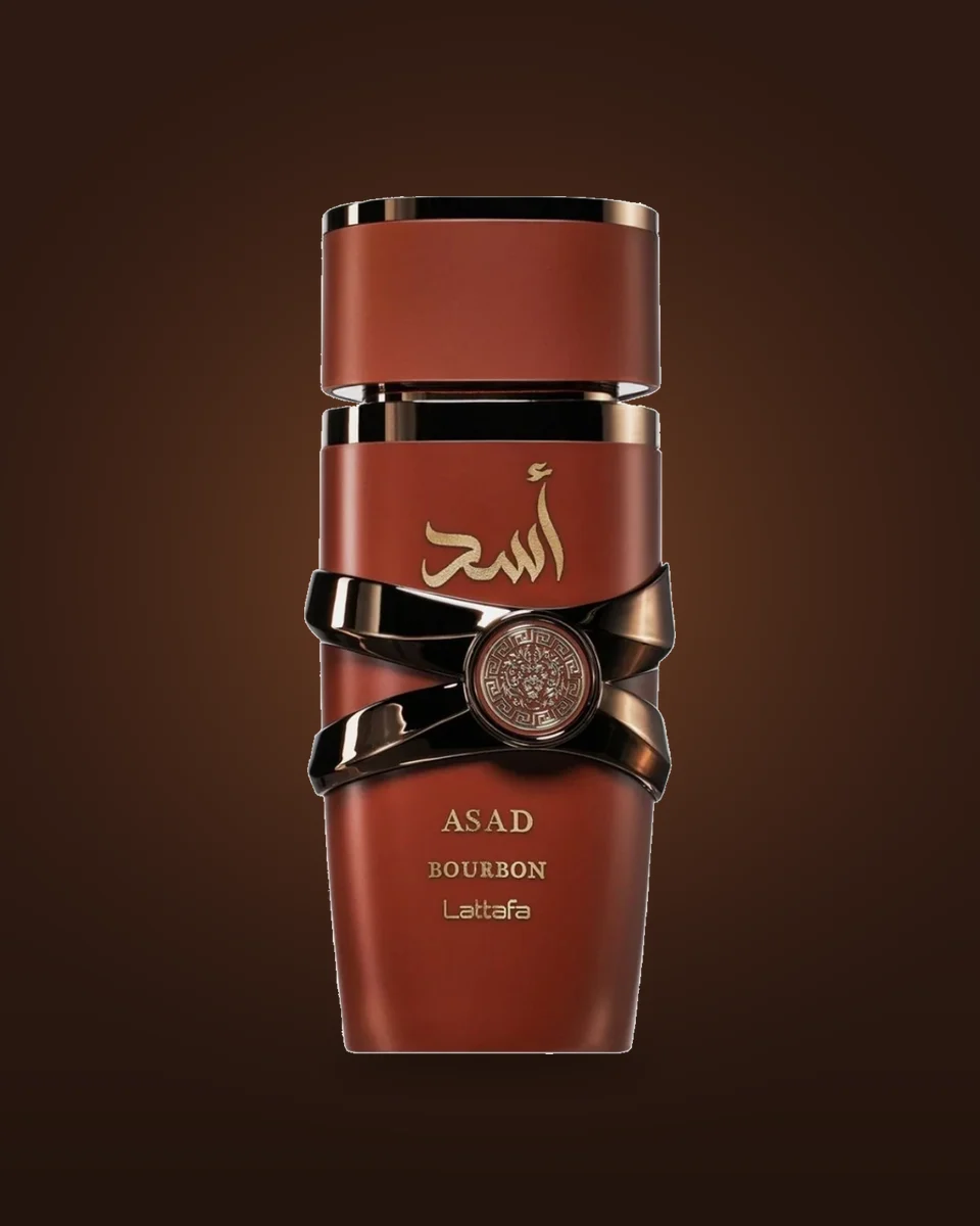 Frasco cor de bourbon com laço bronze do Lattafa Asad Bourbon 100ml