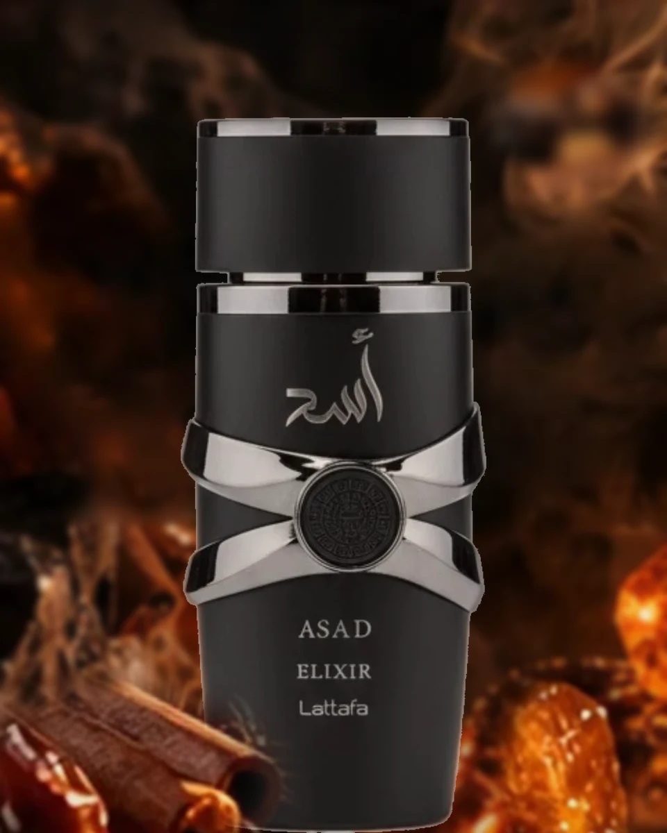 Frasco preto com laço prateado do Lattafa Asad Elixir 100ml