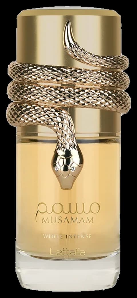 Frasco dourado com serpente do Lattafa Musamam White Intense 100ml