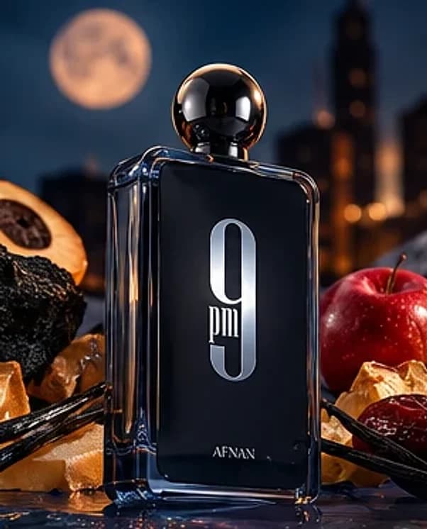 Frasco azul-escuro do Afnan 9PM 100ml em cenário noturno com maçã e baunilha