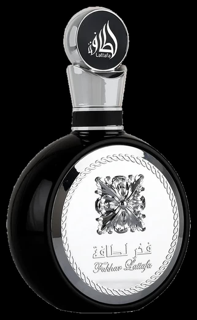 Frasco redondo preto e prata do Lattafa Fakhar Black 100ml com lavanda e frutas