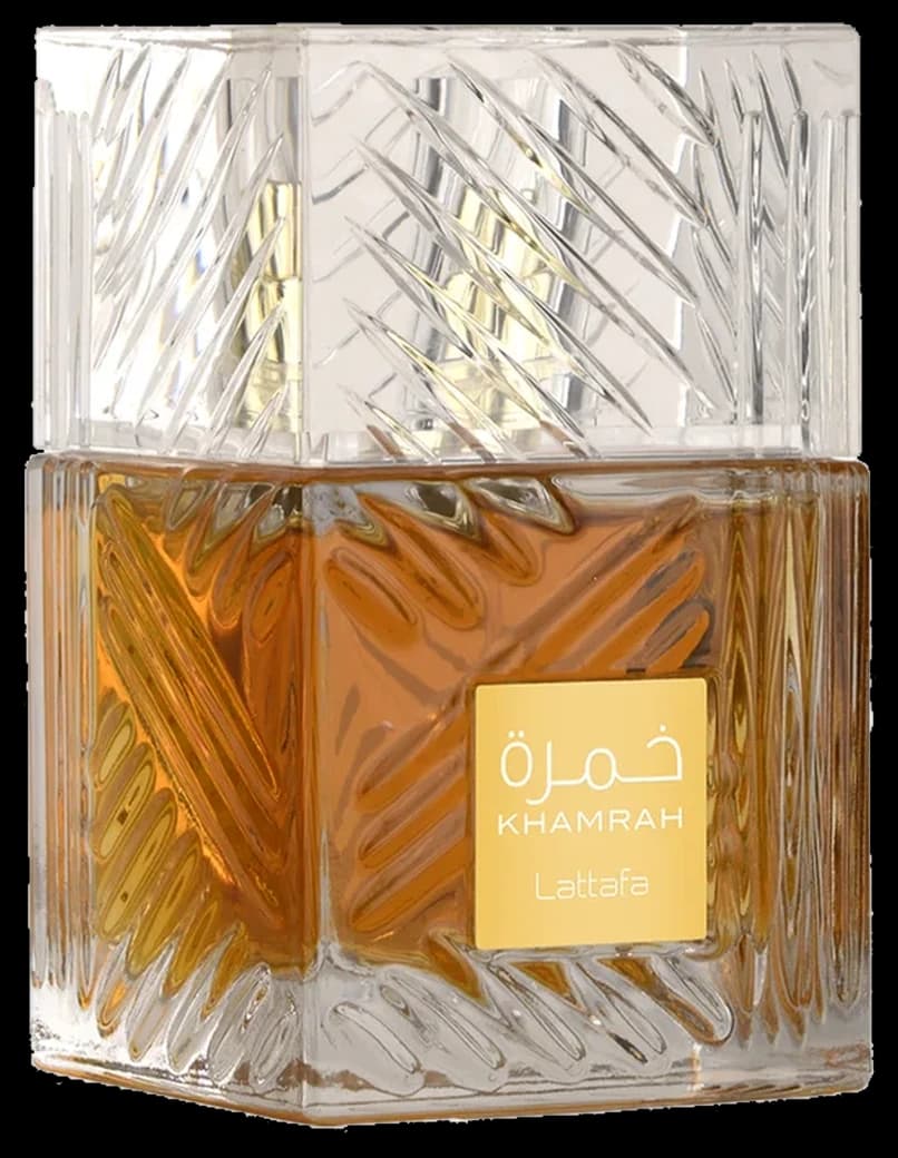 Frasco de vidro lapidado do Lattafa Khamrah 100ml com canela, tâmaras e reflexos âmbar