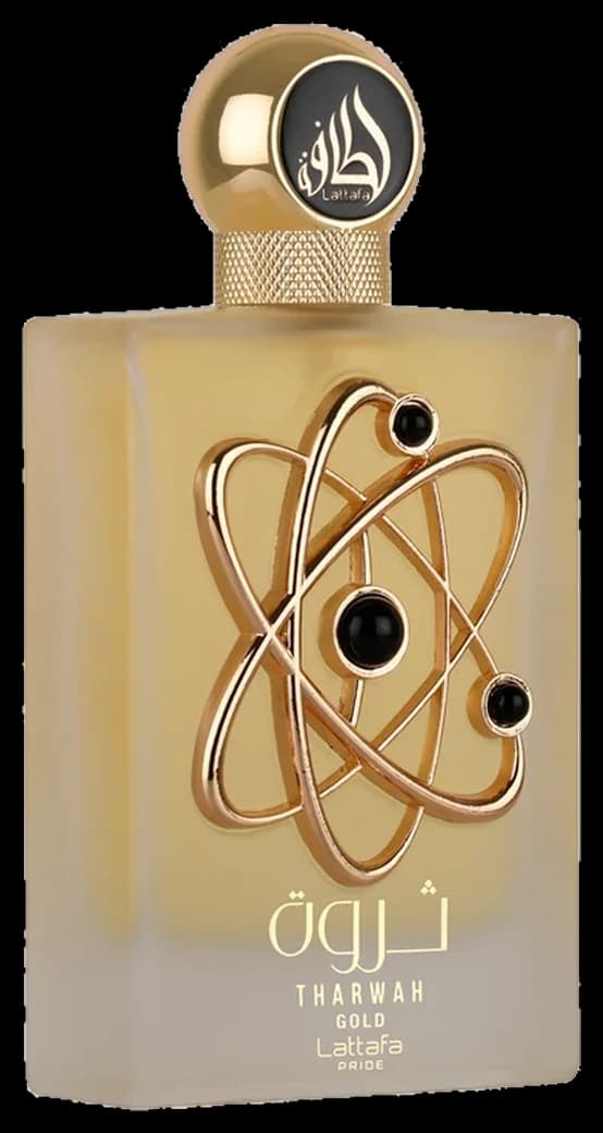 Frasco dourado fosco do Lattafa Tharwah Gold 100ml