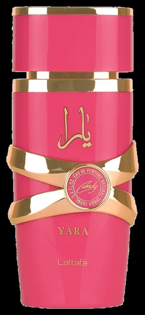 Frasco rosa intenso do Lattafa Yara Candy 100ml com frutas vermelhas